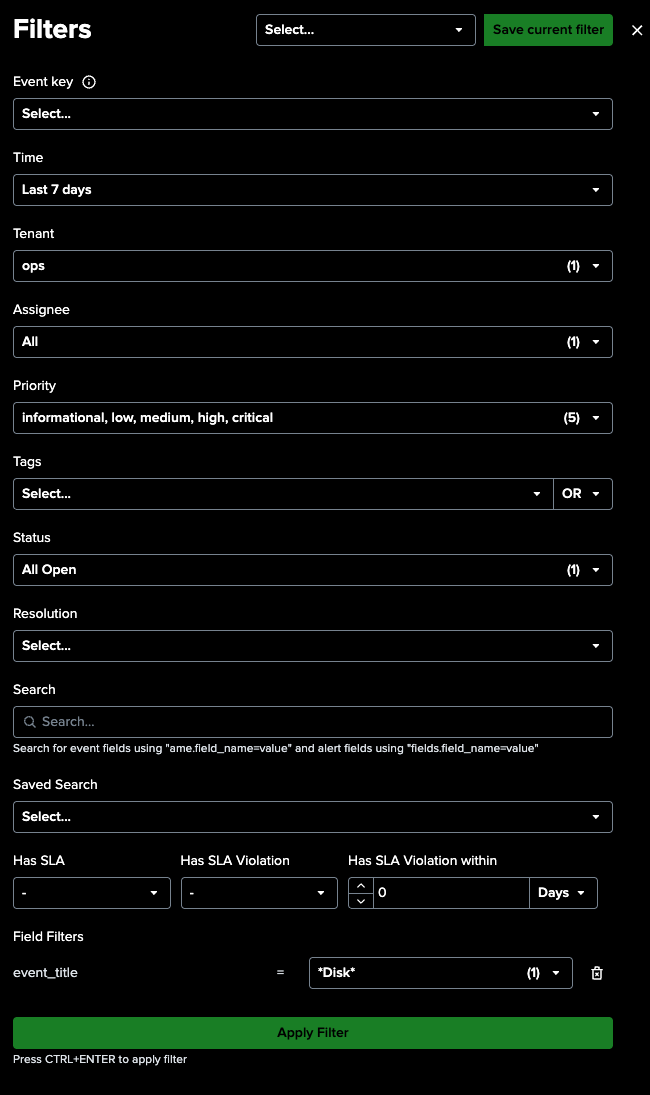 Event Filters Panel