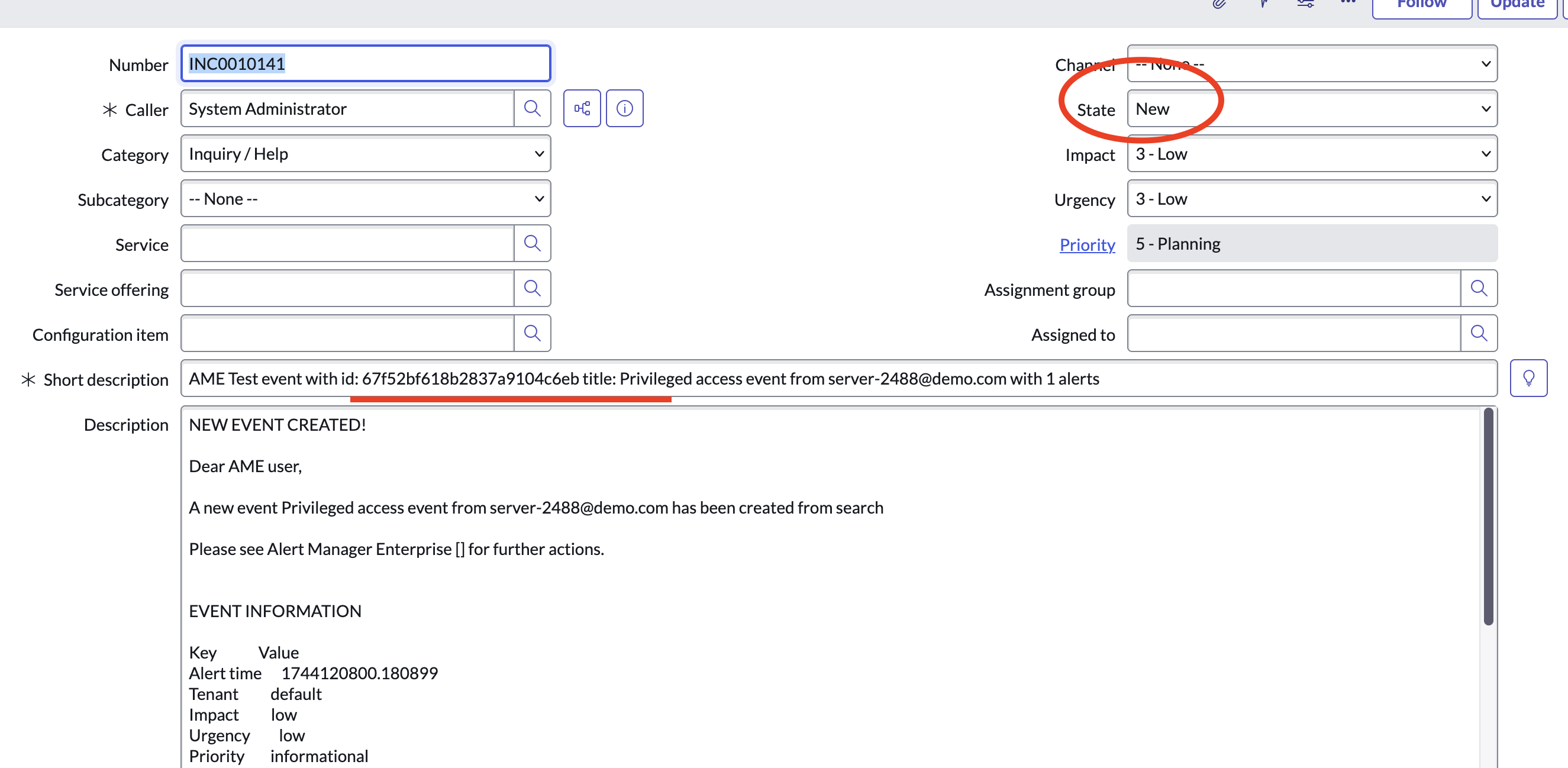 Resulting ServiceNow Incident