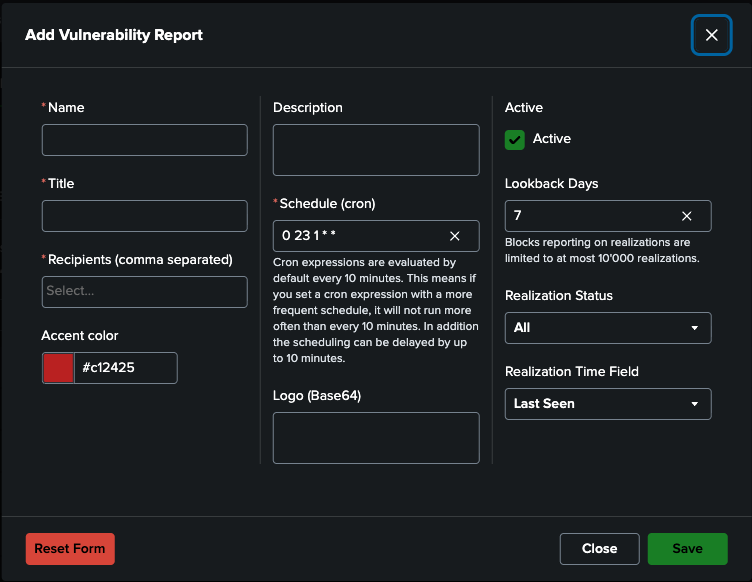 Base configuration modal for scheduled report